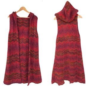Knitizen : Boho Hooded Chevron Knit Wool Blend Long Vest Duster Open Front : S